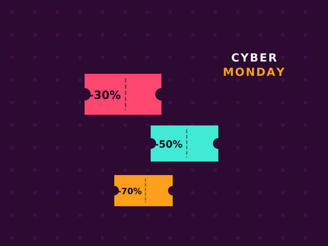 Cyber Monday sale flat vector illustration with three discount tickets with percentage values