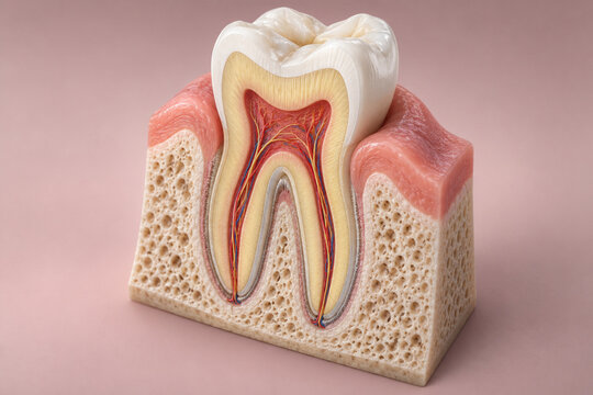 Human molar tooth cross section with roots and pulp in 3D