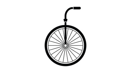 Minimalist graphic icon of a single wheel circus unicycle presented in a clean black and white silhouette © TANJIL
