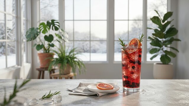 Refreshing red berry cocktail with ice and citrus slices in a tall glass, set on a stone surface with indoor plants and a snowy garden background