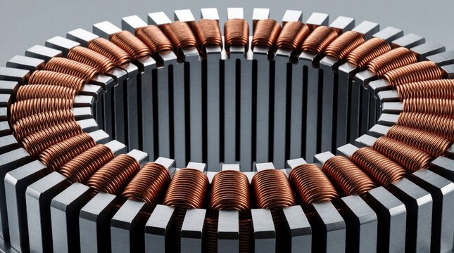Close view of electric motor stator part. Copper wire coils are wound in metal slots. Shows precision engineering and electrical component detail.