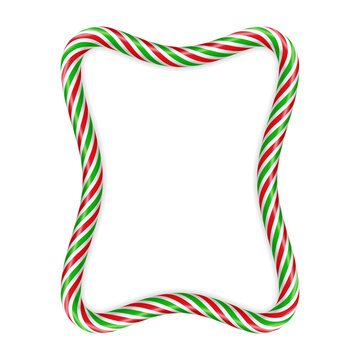 Christmas candy cane rectangular frame. Twisted red and green striped candy border. Festive seasonal ornament for greeting card, invitation or holiday template. Vector illustration