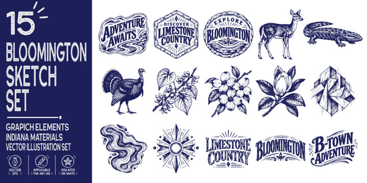 Bloomington Indiana Vintage Travel Graphic Elements, Limestone Country Typography, Karst Adventure Shapes, Botanical Wildlife Illustrations and Outdoor Poster Assets