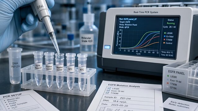 Molecular diagnostics workspace featuring PCR amplification tubes for cancer biomarker detection with a laboratory thermal cycler machine softly blurred in the background