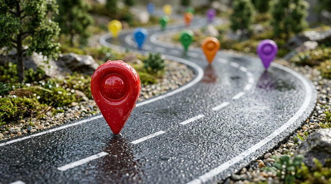 Abstract road with colorful location pins, travel concept, journey map