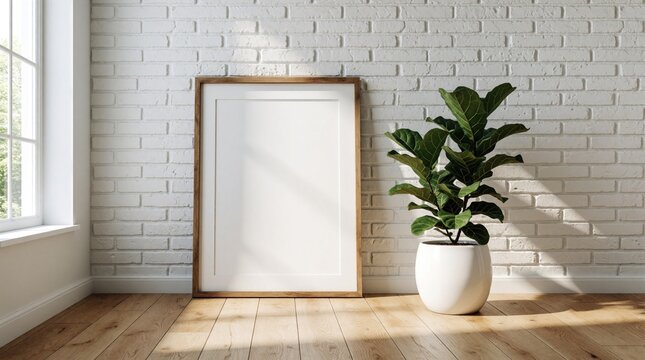 Empty picture frame and potted plant rest against white brick wall near window on wooden floor. Simple, modern interior composition offers clean, bright, cosy display space with natural light.