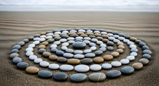 Circular pattern of smooth grey spa stones on dark sand