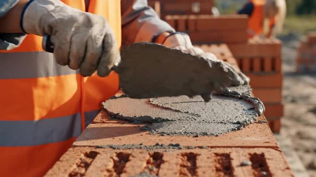 Bricklayer hands applying mortar on red bricks at construction site