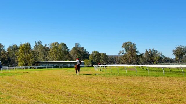 Jockey Riding Thoroughbred Horse on Grass Racetrack in Gunnedah