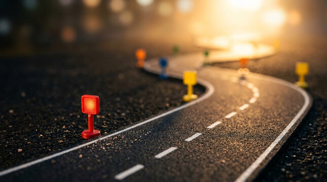 Abstract road with miniature signs and glowing lights, concept of journey