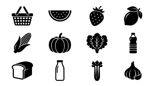 Healthy Eating Grocery Essentials Black Silhouette Object Collection