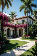 Obraz premium Elegant white Mediterranean style villa with vibrant pink bougainvillea cascading over arched entrance. Rich green lawn, palm trees, tropical plants surround luxury residence under bright sunny sky.