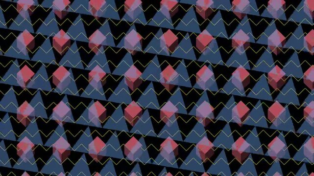 Abstract motion graphics pattern featuring rows of red cubes and blue triangles.
