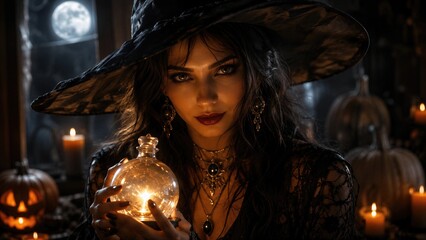 Fototapeta premium Beautiful woman in witch costume holding glowing magic potion bottle in dark room with candles and pumpkins. Halloween night sorcery and mystic atmosphere.