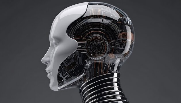 Profile view of a futuristic humanoid robot head with visible internal circuitry and tech.