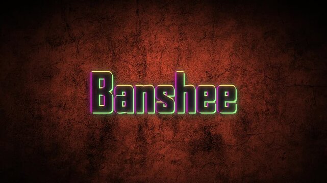 Banshee text animation glitch effect over dark red distressed grunge on transparent background
