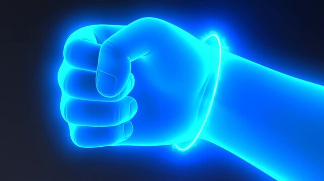 Clenched fist gains a glowing blue energy ring against a dark background