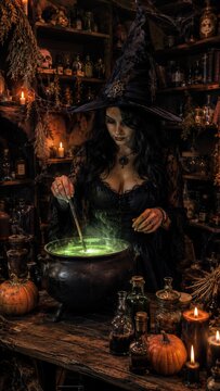 Beautiful woman witch in black hat and dress stirring green magic potion in cauldron in dark alchemist laboratory with candles and pumpkins. Halloween party and sorcery concept