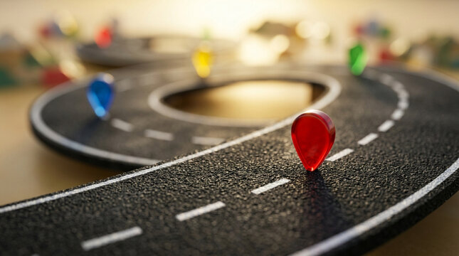 Colorful road map pins on winding asphalt path, strategy and journey concept