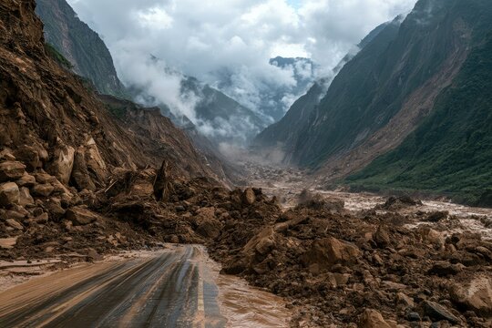 Landslide and mudslide blocking a mountain road and river in a deep valley after heavy rain