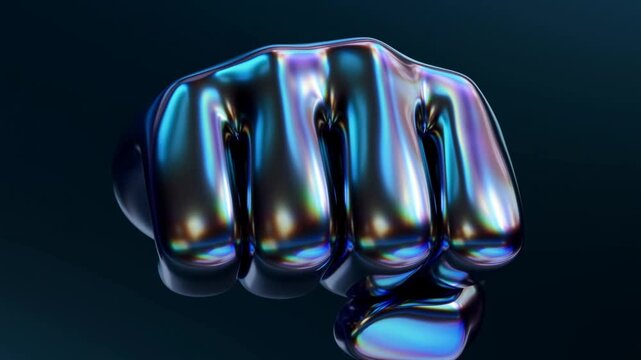 Reflective metallic robotic fist with colorful neon highlights in a dark setting