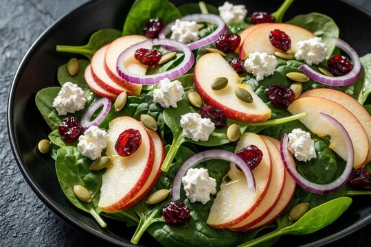 Fresh spinach salad with apple slices, goat cheese, dried cranberries, red onion rings, pepitas in black bowl. Healthy meal presentation, vibrant colors, delicious ingredients, garden greens make