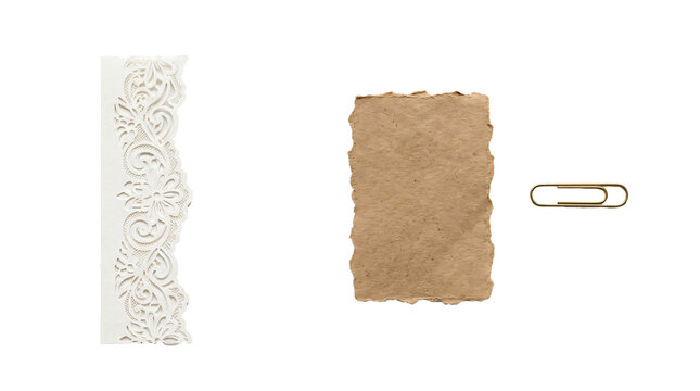 Ornate white lace die cut paper border with textured rustic brown parchment scrap and metallic gold paperclip on transparent background
