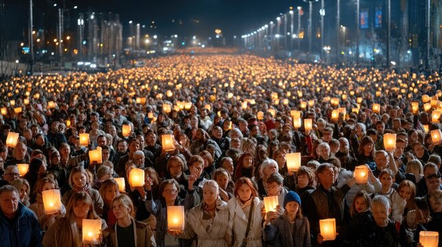 A Sea of Lights: Thousands of people hold up illuminated lanterns, creating a breathtaking spectacle of light and unity under a starless night sky. The crowd stretches into the distance.