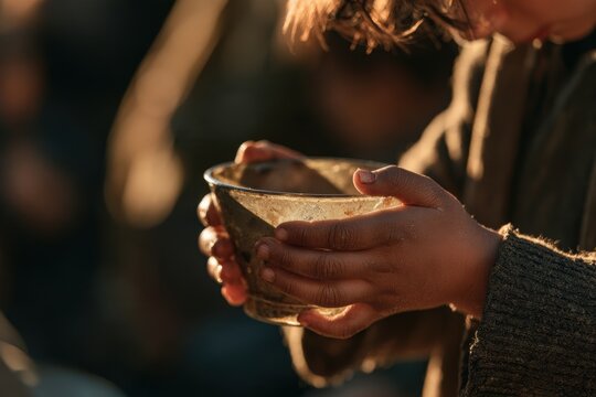 Child's hands holding an empty bowl, symbolizing poverty, hunger, and a desperate need for sustenance