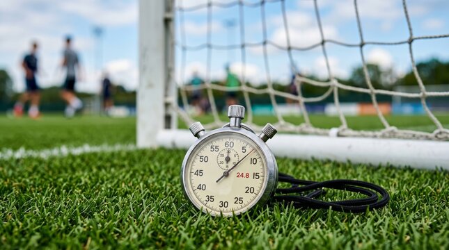 Silver Stopwatch with Lanyard on Green Soccer Field Grass Near Goal Net with Players Training Outdoor