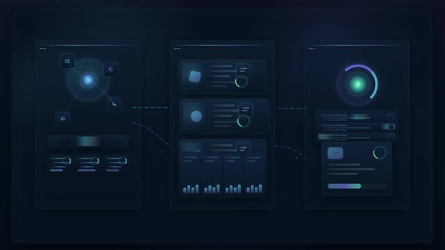 Futuristic cyber security interface with glowing data analytics panels and graphs