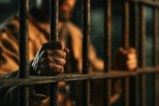 Prisoner hand gripping rusted bars from inside a dark prison cell, symbolizing incarceration