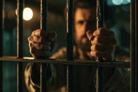 Male prisoner holding metal bars in a dark jail cell, representing incarceration