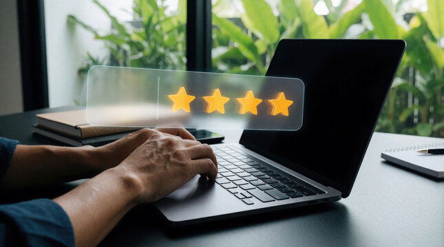 Person types on laptop keyboard giving four star rating. User submits online survey feedback with stars, assesses service quality. Business needs customer opinion.