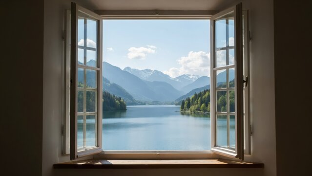 Scenic view of a calm blue lake surrounded by mountains seen through an open wooden window frame on a bright and sunny summer morning
