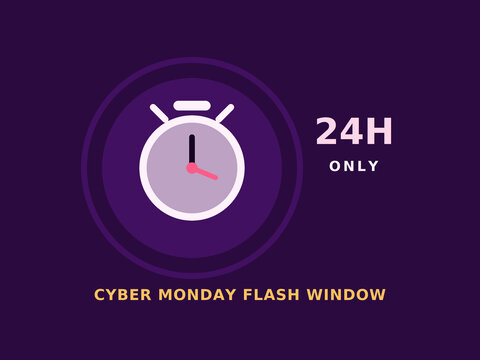 Cyber Monday sale flat vector illustration with a clock with a twenty four hours only message