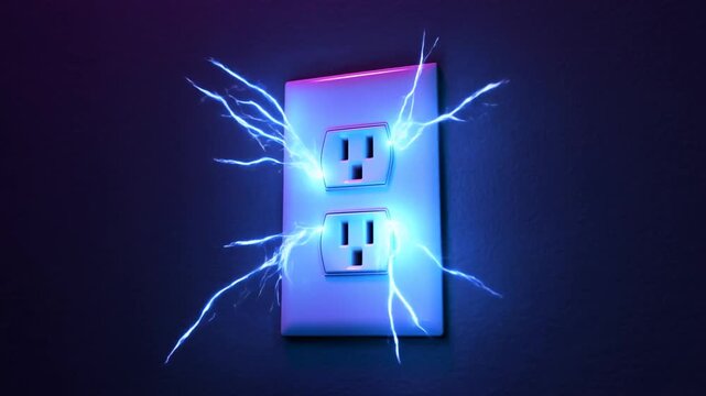 Electrical outlet releasing bright blue sparks against a dark purple wall