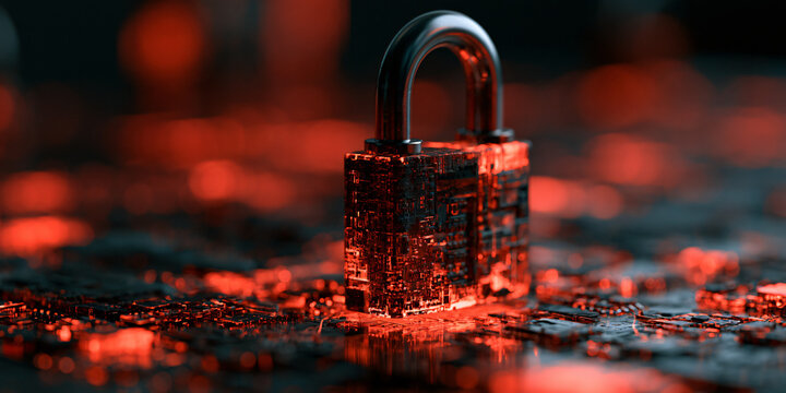 Digital Security Concept with a Glowing Padlock on a Circuit Board Surface