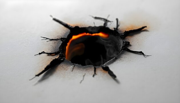 Fire Burned Hole in White Paper, Charred Torn Edge and Burn Damage Texture, Destruction Concept, Isolated Burnt Paper Background with Copy Space