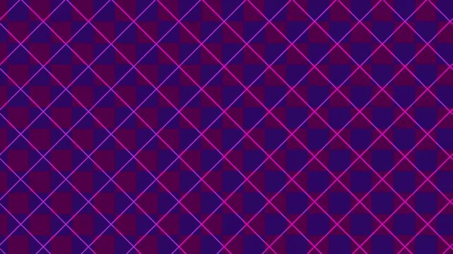 Vibrant neon pink grid on a purple checkerboard pattern background.