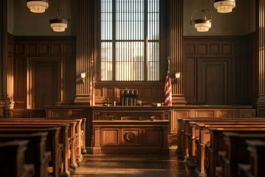 Empty courtroom interior showcasing a judge's bench, wooden paneling, and benches for attendees