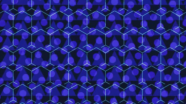 Abstract blue geometric pattern featuring repeating circles and a hexagonal grid structure.