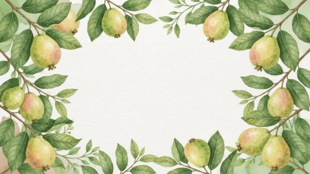 Watercolor illustration of a guava fruit frame with green leaves and branches, perfect for tropical designs and backgrounds.