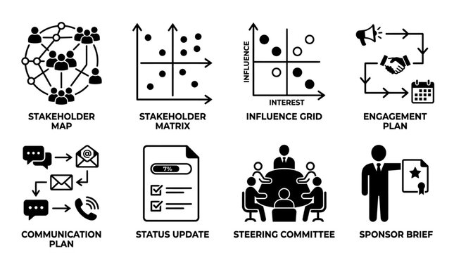Professional communication and stakeholder management icons set for project governance with stakeholder management communication business strategy governance planning influence engagement