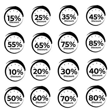Discount percentage badge icon set. Black circular promotional labels from 10 to 85 percent off. Flat vector illustration for sale and retail offer