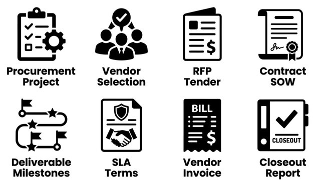 Procurement and vendor management business icons for contract and project lifecycle administration with procurement contract sourcing management selection agreement milestone delivery closeout