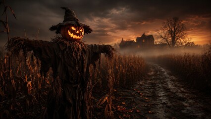 Obraz premium Scary scarecrow with glowing jack o lantern pumpkin head in witch hat standing in misty corn field at sunset. Creepy autumn farm landscape with old haunted house.