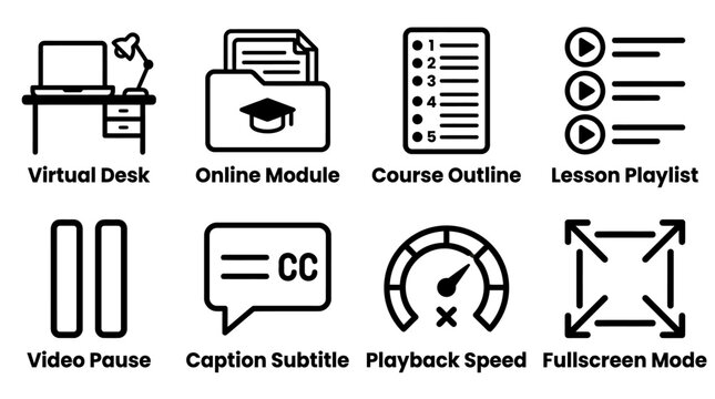 Set of eight education and e-learning interface icons depicting digital classroom features with education elearning classroom learning interface playlist subtitle playback fullscreen academic