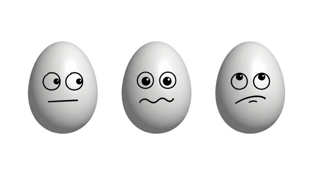 Three white eggs with funny cartoon faces showing different expressions of worry, confusion, and suspicion in smooth lighting on transparent background