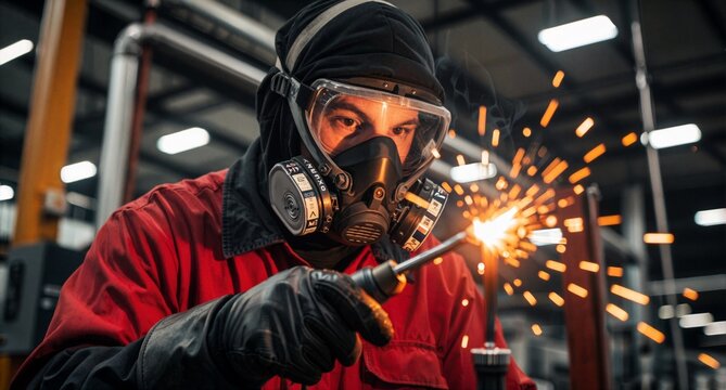 Welder wearing respirator mask welding metal sparks in industrial factory workshop